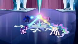 Size: 1280x720 | Tagged: safe, screencap, princess celestia, princess luna, starlight glimmer, twilight sparkle, alicorn, pony, unicorn, g4, the crystalling, foreshadowing, glowing horn, hoof shoes, horn, twilight sparkle (alicorn)