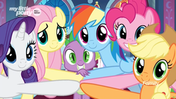 Size: 1920x1080 | Tagged: safe, screencap, applejack, fluttershy, pinkie pie, rainbow dash, rarity, spike, dragon, earth pony, pony, unicorn, g4, the beginning of the end, canterlot castle, discovery family logo, female, looking at you, male, mare, smiling, throne room