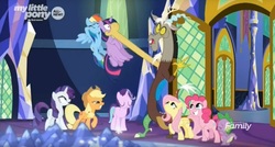 Size: 1660x887 | Tagged: safe, screencap, applejack, discord, fluttershy, pinkie pie, rainbow dash, rarity, spike, starlight glimmer, twilight sparkle, alicorn, draconequus, dragon, earth pony, pegasus, pony, unicorn, g4, the beginning of the end, cutie map, female, male, mane six, mare, twilight sparkle (alicorn)