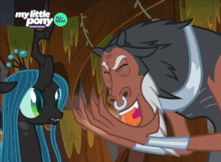 Size: 665x486 | Tagged: safe, screencap, lord tirek, queen chrysalis, centaur, changeling, changeling queen, g4, season 9, the beginning of the end, animated, cute, disgusted, duo, eating, eyes closed, female, gif, loop, magic drain, magic theft, male, nose piercing, nose ring, piercing, septum piercing, that centaur sure does love magic, tirebetes