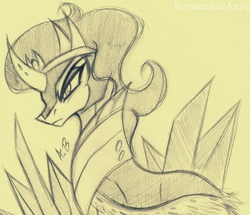 Size: 1694x1454 | Tagged: safe, artist:rossmaniteanzu, king sombra, pony, unicorn, g4, the beginning of the end, crystal, horn, male, monochrome, pencil drawing, simple background, sketch, solo, sombra horn, stallion, traditional art, yellow background