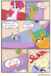 Size: 1280x1920 | Tagged: safe, artist:kryptchild, snails, oc, oc:pillow talk (ask glitter shell), oc:poppy somnifer, earth pony, pony, unicorn, ask glitter shell, g4, angry, bad parenting, clothes, comic, dialogue, drunk, glitter shell, maid