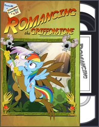 Size: 774x1000 | Tagged: safe, artist:pixelkitties, gilda, rainbow dash, griffon, pegasus, pony, g4, female, mare, movie reference, romancing the stone, rope, smiling, swinging, vhs