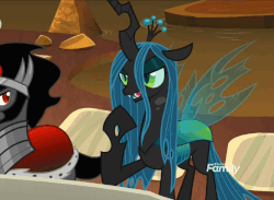 Size: 665x486 | Tagged: safe, screencap, king sombra, queen chrysalis, changeling, changeling queen, pony, g4, the beginning of the end, animated, cropped, female, gif, male, stallion