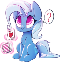 Size: 583x600 | Tagged: safe, artist:loneless-art, trixie, pony, unicorn, g4, :t, ace of hearts, blushing, card, chest fluff, chibi, colored pupils, cute, deck, deck of cards, diatrixes, ear fluff, female, glowing horn, heart, heart eyes, hoof fluff, horn, levitation, looking up, magic, magic trick, mare, pictogram, playing card, question mark, simple background, sitting, smiling, solo, speech bubble, telekinesis, transparent background, wingding eyes