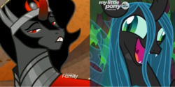 Size: 2000x1000 | Tagged: safe, edit, edited screencap, screencap, king sombra, queen chrysalis, changeling, changeling queen, pony, unicorn, g4, season 9, the beginning of the end, comparison, crazylis, cropped, discovery family logo, faic, female, male, stallion, stupid sexy sombra