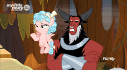 Size: 864x479 | Tagged: safe, screencap, cozy glow, grogar, lord tirek, centaur, pegasus, pony, g4, the beginning of the end, animated, belly, blown back, cozybetes, cute, female, filly, foal, gif, male, nose piercing, nose ring, piercing, ram, scared, septum piercing, silence, yelling