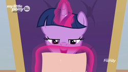 Size: 1280x720 | Tagged: safe, screencap, twilight sparkle, alicorn, pony, g4, the beginning of the end, discovery family logo, female, letter, lidded eyes, magic, magic aura, mare, solo, twilight sparkle (alicorn)