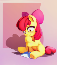 Size: 980x1120 | Tagged: safe, artist:drafthoof, artist:klemm, apple bloom, earth pony, pony, g4, abstract background, belly button, collaboration, fanfic art, female, filly, freckles, frown, paper, pencil, sitting, solo, underhoof, writing