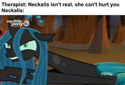 Size: 1920x1313 | Tagged: safe, edit, edited screencap, screencap, king sombra, queen chrysalis, changeling, changeling queen, g4, the beginning of the end, female, long neck, meme, neck stretching, skull cow isn't real