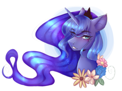 Size: 2008x1505 | Tagged: safe, artist:dawndream2003, artist:sugarynoodle, princess luna, pony, g4, bust, collaboration, crown, cute, ear fluff, ethereal mane, eye clipping through hair, female, flower, head only, jewelry, lunabetes, portrait, regalia, simple background, solo, starry mane, transparent background
