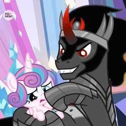 Size: 1080x1080 | Tagged: safe, screencap, king sombra, princess flurry heart, pony, unicorn, g4, the beginning of the end, boop, cropped, cute, do not want, everything is ruined, evil grin, fangs, female, flurrybetes, foal, grin, hostage, male, moral event horizon, non-consensual booping, pure unfiltered evil, smiling, stallion, you monster