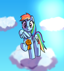 Size: 914x1014 | Tagged: safe, artist:platinumdrop, rainbow dash, pegasus, pony, g4, cloud, female, ribbon, second place, shadow, solo, standing on a cloud