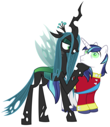 Size: 833x959 | Tagged: safe, artist:martinnus1, queen chrysalis, shining armor, changeling, changeling queen, pony, unicorn, a canterlot wedding, g4, female, green eyes, hoof on chin, lidded eyes, male, mind control, simple background, smiling, stallion, transparent background, vector