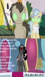 Size: 513x864 | Tagged: safe, edit, edited screencap, editor:korora, screencap, carrot top, doctor fauna, doctor whooves, golden harvest, king sombra, time turner, earth pony, pony, unicorn, g4, the beginning of the end, canterlot, cropped, dialogue, doctor who, drawbridge, evil laugh, female, male, mare, mind control, ponyville, sombrafied, stallion, throne room, uh oh