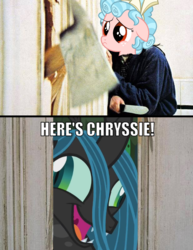 Size: 617x799 | Tagged: safe, edit, edited screencap, screencap, cozy glow, queen chrysalis, changeling, changeling queen, pegasus, pony, g4, the beginning of the end, axe, crazylis, derp, fangs, female, filly, here's johnny, insanity, knife, text, the shining, weapon