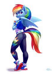 Size: 2184x2894 | Tagged: safe, artist:holivi, rainbow dash, pegasus, anthro, ass, butt, clothes, converse, cute, dashabetes, dock, equestria girls outfit, female, implied tail hole, jacket, legs, looking at you, mare, pants, rainbutt dash, sexy, shoes, simple background, smiling, sneakers, solo, stupid sexy rainbow dash, white background, wings, wristband