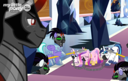 Size: 1604x1022 | Tagged: safe, screencap, king sombra, princess cadance, princess flurry heart, shining armor, pony, g4, the beginning of the end, cropped, gag, mind control, muzzle gag, shackles, sombra soldier