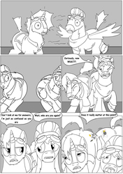 Size: 6271x8921 | Tagged: safe, artist:cactuscowboydan, oc, oc:air brakes, oc:nova reactor, earth pony, hybrid, pegasus, pony, unicorn, comic:fusing the fusions, comic:the bastion of canterlot, argument, body horror, booty had me like, butt, canterlot, canterlot castle, cape, clothes, comic, commissioner:bigonionbean, conductor hat, confusion, cutie mark, dialogue, facial hair, fat ass, flank, fusion, fusion:caboose, fusion:promontory, fusion:sunburst, goggles, gymnasium, hat, jiggle, magic, male, meme, plot, potion, shirt, shocked, shocked expression, sketch, spread wings, stallion, stubble, swelling, tail wag, the ass was fat, uniform, wings, wonderbolts, wonderbolts uniform, writer:bigonionbean