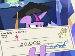 Size: 1375x1032 | Tagged: safe, screencap, discord, twilight sparkle, alicorn, pony, g4, the beginning of the end, carrying, cropped, discovery family logo, giant check, graduation cap, hat, signature, smiley face, twilight sparkle (alicorn), unamused, written equestrian