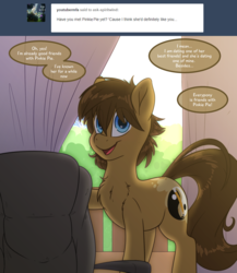 Size: 2000x2300 | Tagged: safe, artist:fluffyxai, oc, oc:spirit wind, earth pony, pony, tumblr:ask spirit wind, chair, curtains, high res, implied pinkie pie, male, smiling, speech bubble, stallion, tumblr