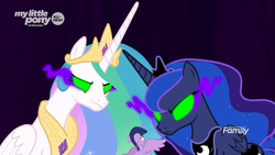Size: 1920x1080 | Tagged: safe, screencap, princess celestia, princess luna, twilight sparkle, alicorn, pony, g4, the beginning of the end, angry, discovery family logo, ethereal mane, female, floppy ears, frown, giant pony, glowing eyes, jewelry, macro, mare, mind control, peytral, purple background, regalia, royal sisters, scared, simple background, sombra eyes, tiara, twilight sparkle (alicorn)