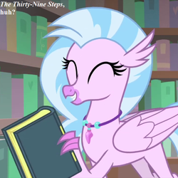Size: 720x720 | Tagged: safe, edit, edited screencap, editor:korora, screencap, silverstream, classical hippogriff, hippogriff, g4, interseason shorts, starlight the hypnotist, book, cropped, cute, dialogue, diastreamies, jewelry, necklace, stairs, that hippogriff sure does love stairs, the thirty-nine steps