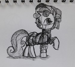 Size: 2746x2448 | Tagged: safe, artist:rockhoppr3, sweetie belle, pony, g4, clothes, female, hat, high res, lineart, monochrome, raised hoof, sketch, solo, traditional art