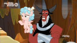 Size: 864x479 | Tagged: safe, edit, edited screencap, screencap, cozy glow, grogar, lord tirek, centaur, pegasus, pony, g4, the beginning of the end, angry, animated, belly, cozy glow is not amused, cozybuse, discovery family logo, female, filly, foal, gif, silence, text