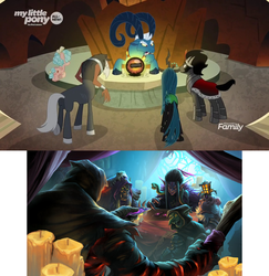 Size: 1280x1319 | Tagged: safe, edit, edited screencap, screencap, cozy glow, grogar, king sombra, lord tirek, queen chrysalis, changeling, changeling queen, g4, the beginning of the end, crystal ball, discovery family logo, female, grogar's orb, hearthstone, league of e.v.i.l., legion of doom, warcraft
