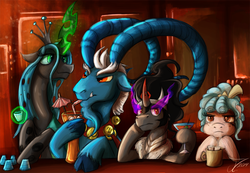 Size: 1250x867 | Tagged: safe, artist:jamescorck, cozy glow, grogar, king sombra, queen chrysalis, changeling, changeling queen, pegasus, pony, unicorn, g4, the beginning of the end, alcohol, bendy straw, chocolate, cloven hooves, cocktail, drinking straw, female, filly, foal, food, glass, group, hot chocolate, legion of doom, magic, magic aura, male, martini, quartet, ram, shot glass, stallion, telekinesis, that was fast