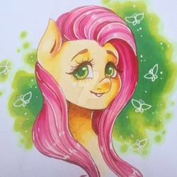 Size: 1280x1280 | Tagged: safe, artist:tillukkalilihukka, fluttershy, butterfly, pony, g4, bust, eyelashes, female, looking at you, mare, obtrusive watermark, portrait, smiling, solo, three quarter view, traditional art, watermark