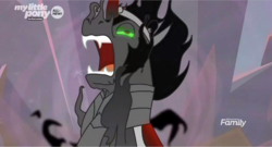 Size: 1279x692 | Tagged: safe, screencap, king sombra, pony, unicorn, g4, the beginning of the end, all new, armor, discovery family logo, fangs, male, melting, open mouth, out of context, sharp teeth, solo, stallion, teeth, text, you know for kids