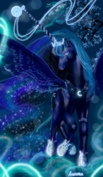 Size: 600x1024 | Tagged: safe, artist:asurama, princess luna, alicorn, pony, g4, female, glowing horn, horn, magic, moon, night, solo, tree