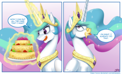 Size: 1500x911 | Tagged: safe, artist:johnjoseco, princess celestia, alicorn, pony, g4, the beginning of the end, :p, cake, cakelestia, collar, comic, crown, cute, cutelestia, dialogue, eyeroll, eyes on the prize, female, food, gradient background, jewelry, levitation, licking, licking lips, lidded eyes, looking up, magic, majestic as fuck, mare, messy eating, necklace, open mouth, regalia, silly, sitting, smiling, smirk, solo, speech bubble, telekinesis, tiara, tongue out