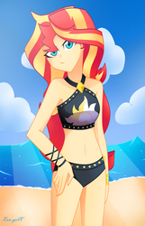 Size: 2106x3264 | Tagged: safe, artist:xan-gelx, sunset shimmer, equestria girls, g4, my little pony equestria girls: better together, beach, belly button, bikini, clothes, cute, female, high res, ocean, sand, shimmerbetes, sleeveless, solo, stupid sexy sunset shimmer, swimsuit