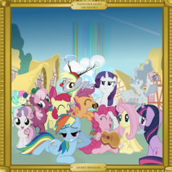 Size: 2000x2000 | Tagged: safe, artist:grapefruitface1, apple bloom, bon bon, cheerilee, derpy hooves, dj pon-3, fluttershy, lyra heartstrings, octavia melody, pinkie pie, princess luna, rainbow dash, rarity, scootaloo, sweetie belle, sweetie drops, twilight sparkle, vinyl scratch, oc, oc:electric light (jeff lynne pony), pony, unicorn, g4, album cover, animal costume, cloudsdale, costume, cuddling, cutie mark crusaders, electric light orchestra, elo, equestria light orchestra, frame, guitar, high res, ponified, ponified album cover, ponyville, rainbow, reindeer costume, show accurate, statue, unicorn twilight, various artists