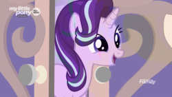 Size: 1334x750 | Tagged: safe, screencap, starlight glimmer, pony, unicorn, g4, the beginning of the end, cute, discovery family, discovery family logo, female, glimmerbetes, logo, mare, open mouth, smiling, solo
