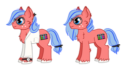 Size: 1400x792 | Tagged: safe, artist:flickswitch, oc, oc only, oc:flickswitch, pony, blue eyes, clothes, digital art, fluffy, freckles, glasses, hooves, lab coat, ponytail, reference sheet, science, simple background, solo, white background