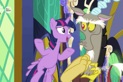 Size: 926x616 | Tagged: safe, screencap, discord, twilight sparkle, alicorn, draconequus, pony, g4, season 9, the beginning of the end, animated, cute, discovery family, discovery family logo, duo, duo male and female, flapping wings, floppy ears, flying, frown, gif, grin, hopeful, logo, looking at each other, looking at someone, pleading, shipping fuel, smiling, squee, twiabetes, twilight sparkle (alicorn), wings