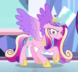 Size: 411x379 | Tagged: safe, screencap, princess cadance, rarity, pony, g4, the beginning of the end, angry, animated, female, gif, solo focus, suspicious