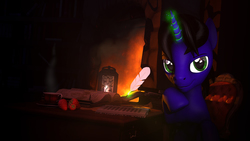 Size: 5760x3240 | Tagged: safe, artist:lagmanor, oc, oc only, oc:lagmanor amell, pony, unicorn, 3d, book, bookshelf, cup, fireplace, food, hoof under chin, lantern, looking at you, magic, male, smiling, smirk, solo, source filmmaker, stallion, strawberry, teacup, telekinesis, thinking