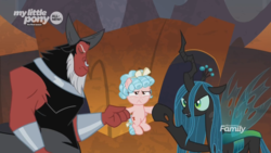 Size: 1273x716 | Tagged: safe, screencap, cozy glow, lord tirek, queen chrysalis, centaur, changeling, changeling queen, pegasus, pony, g4, the beginning of the end, cozy glow is not amused, evil lair, female, filly, foal, grogar's lair, lair, legion of doom, male