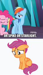 Size: 863x1479 | Tagged: safe, edit, edited screencap, screencap, pinkie pie, rainbow dash, scootaloo, g4, the beginning of the end, caption, image macro, implied spike, implied starlight glimmer, sad, text