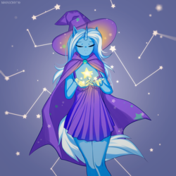 Size: 1000x1000 | Tagged: safe, artist:margony, trixie, unicorn, anthro, g4, abstract background, cape, clothes, constellation, cute, diatrixes, dress, explicit source, eyes closed, female, hat, magic, mare, solo, stars, trixie's cape, trixie's hat