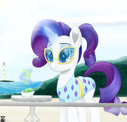 Size: 5200x5000 | Tagged: safe, artist:theretroart88, rarity, pony, unicorn, equestria girls, equestria girls specials, g4, my little pony equestria girls: better together, my little pony equestria girls: spring breakdown, absurd resolution, alternate hairstyle, clothes, equestria girls outfit, equestria girls ponified, female, glass, glasses, human pony rarity, lighthouse, magic, mare, movie accurate, one-piece swimsuit, ponified, ponytail, smiling, solo, swimsuit, telekinesis