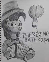 Size: 2380x3003 | Tagged: safe, artist:rockhoppr3, cheese sandwich, pony, g4, accordion, clothes, crazy ex-girlfriend, hat, high res, hot air balloon, male, monochrome, musical instrument, solo, top hat, traditional art