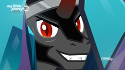 Size: 1920x1080 | Tagged: safe, screencap, king sombra, pony, unicorn, g4, the beginning of the end, discovery family logo, evil grin, grin, here's johnny, looking at you, male, smiling, stallion