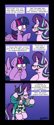 Size: 1299x3007 | Tagged: safe, artist:bobthedalek, starlight glimmer, twilight sparkle, alicorn, pony, unicorn, g4, the beginning of the end, bathrobe, ben & jerry's, clothes, comic, duo, female, food, heart, heart print underwear, ice cream, implied trixie, mare, messy mane, phone, purple background, robe, simple background, speech bubble, twilight sparkle (alicorn), underwear