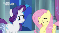Size: 826x464 | Tagged: safe, screencap, fluttershy, rarity, pony, g4, the beginning of the end, animated, cute, female, shyabetes, unamused